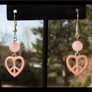 Pink Rose Quartz Heart Peace Earrings